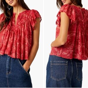 Free People Padma Top Red Womens Medium Short Sleeve Hand Print Deer